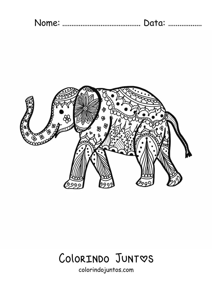 Desenho para colorir de uma mandala de elefante caminhando