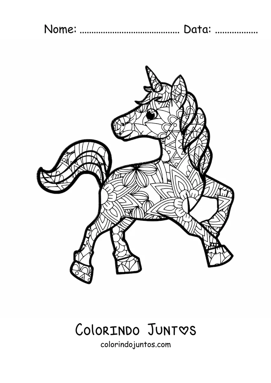 Desenho para colorir de uma mandala de unicornio animado
