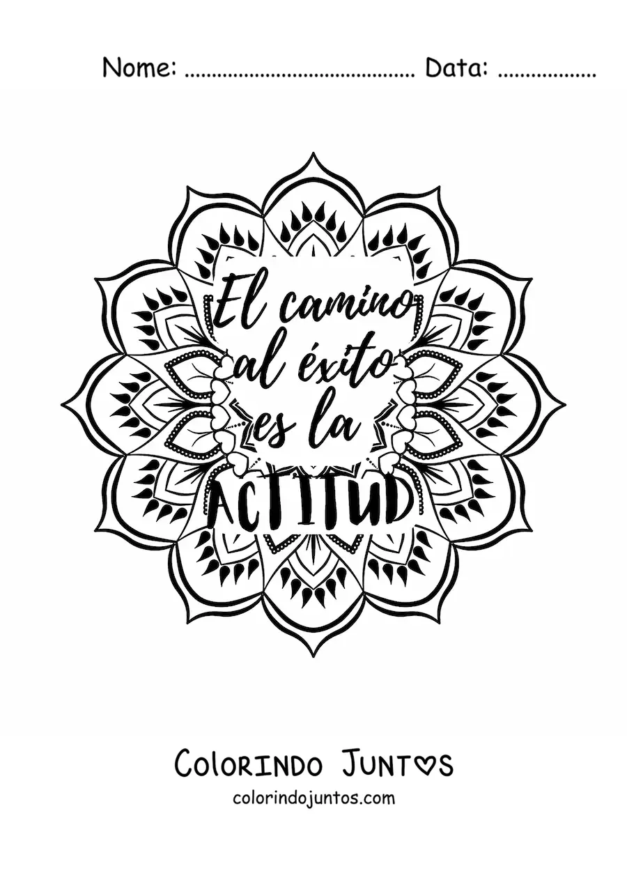 Desenho para colorir de uma mandala com a frase o caminho para o sucesso e a atitude