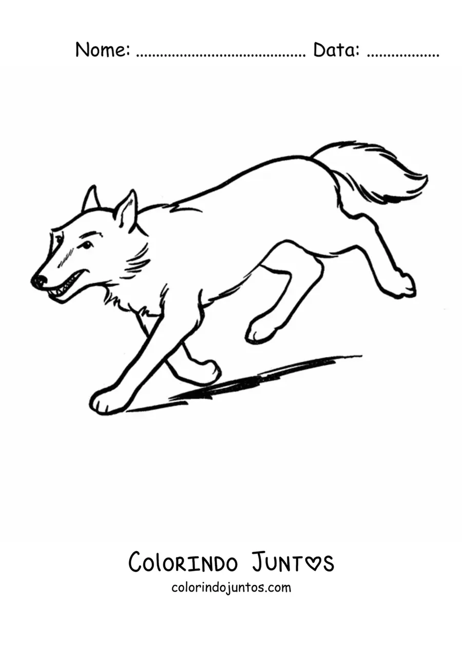 Desenho para colorir de um lobo correndo para baixo por uma ladeira
