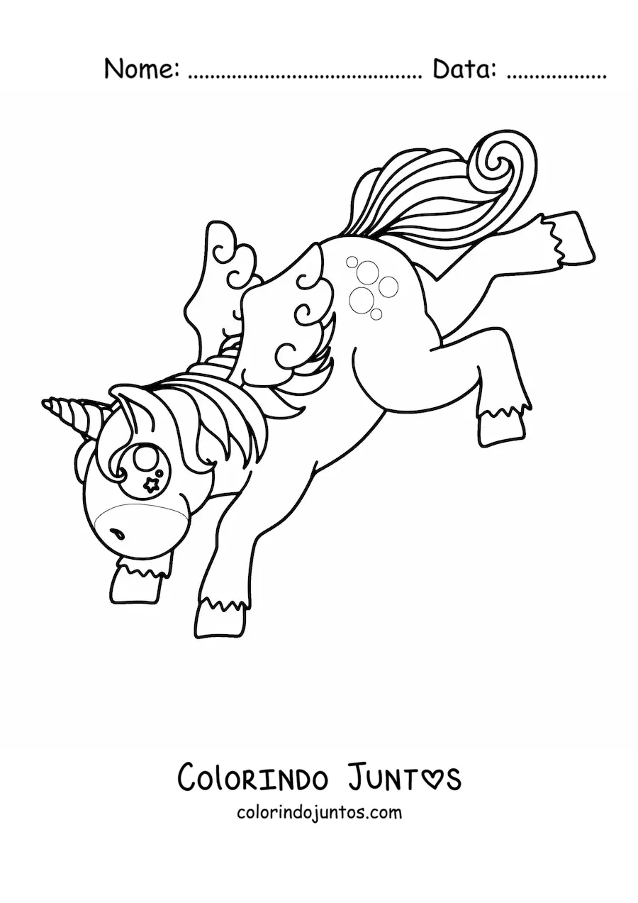 Desenho para colorir de um unicórnio animado dançando sobre as patas dianteiras