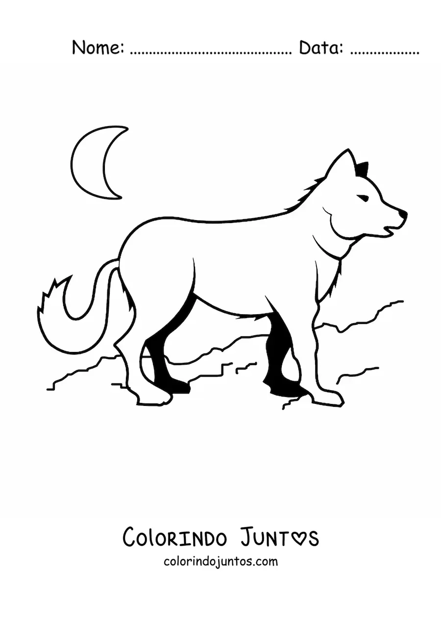 Desenho para colorir de um lobo e a lua ao fundo