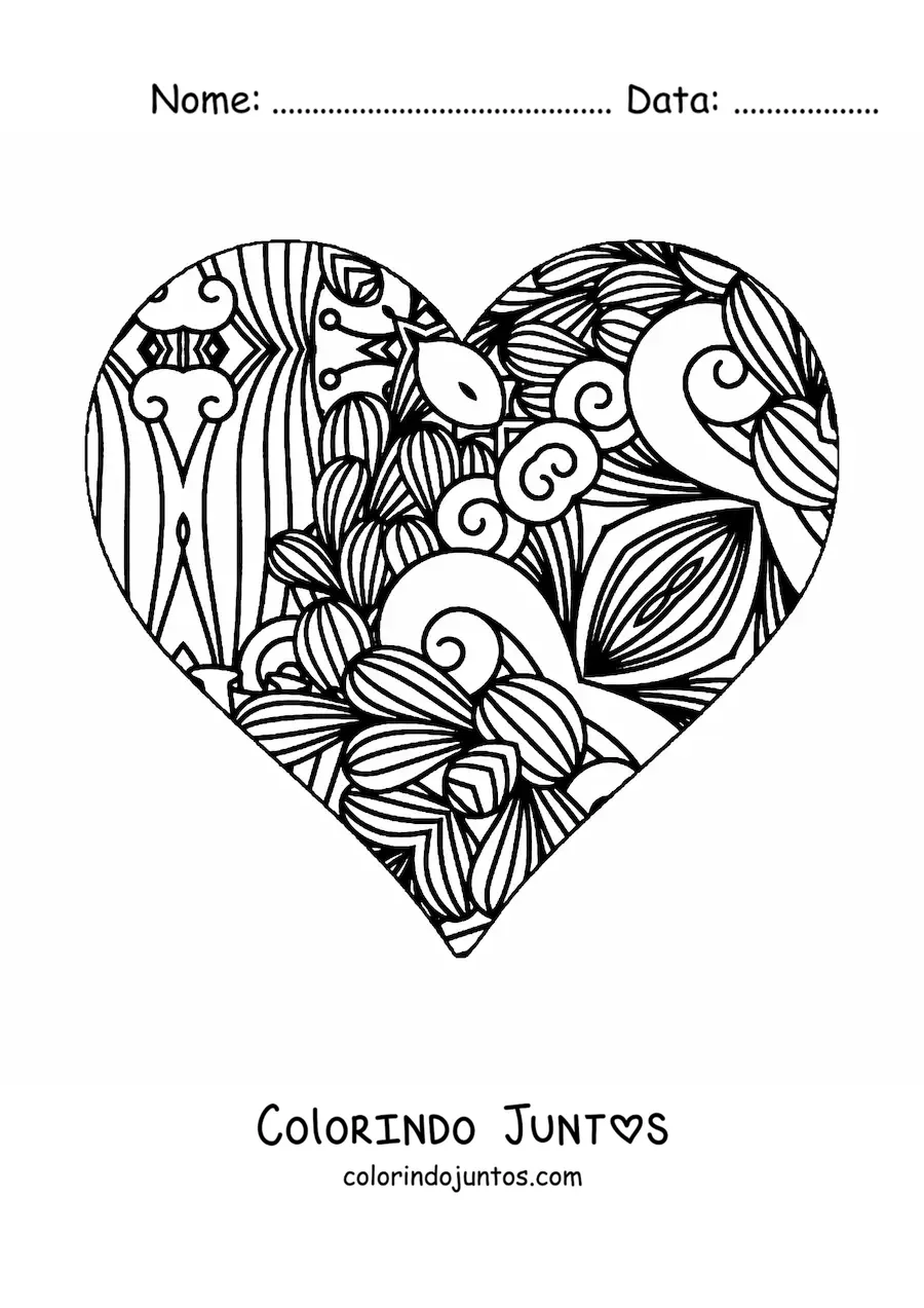 Desenho para colorir de coracao com mandala estilo Zentangle