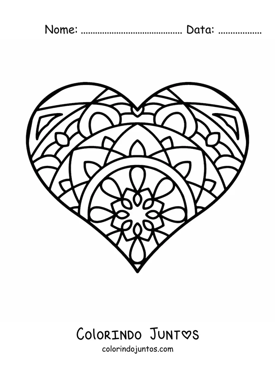 Desenho para colorir de coracao com mandala estilo Zentangle