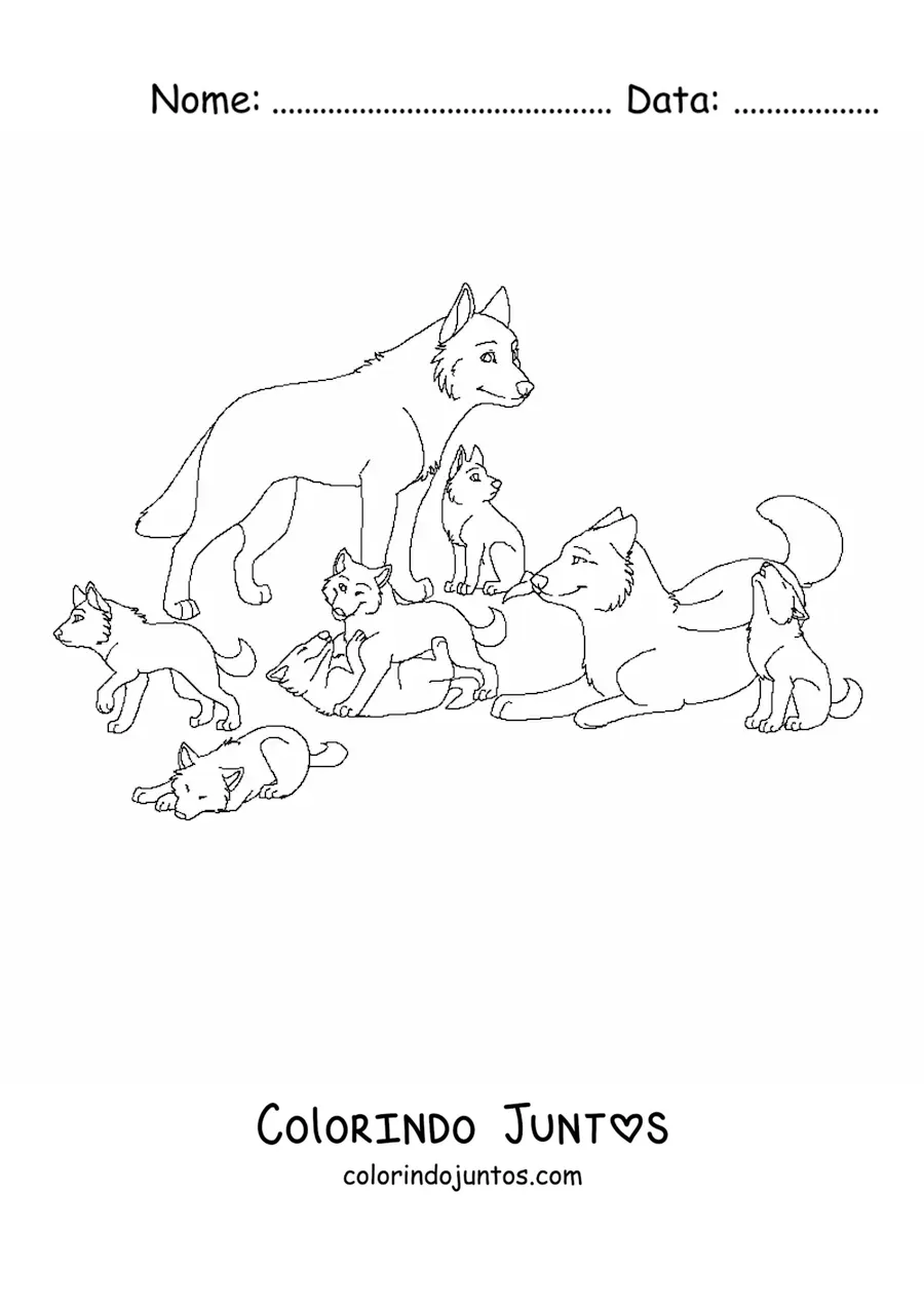 Desenho para colorir de uma alcateia de lobos animados