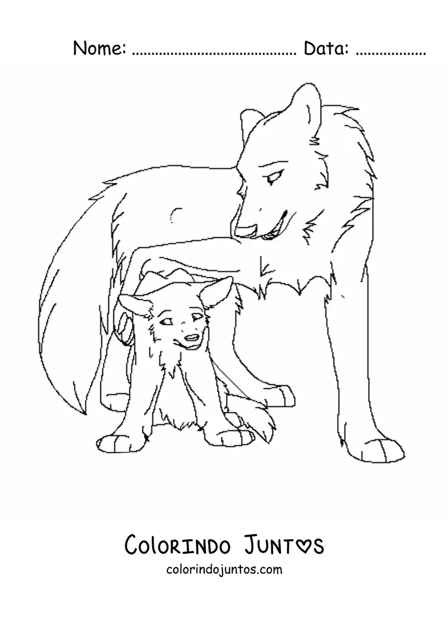 Desenho para colorir de um filhote de lobo com sua mamae