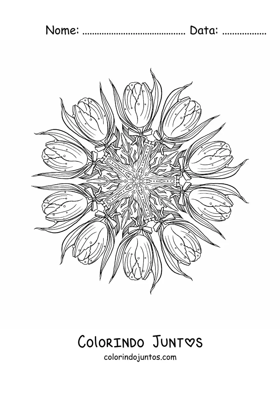 Desenho para colorir de uma mandala de tulipas
