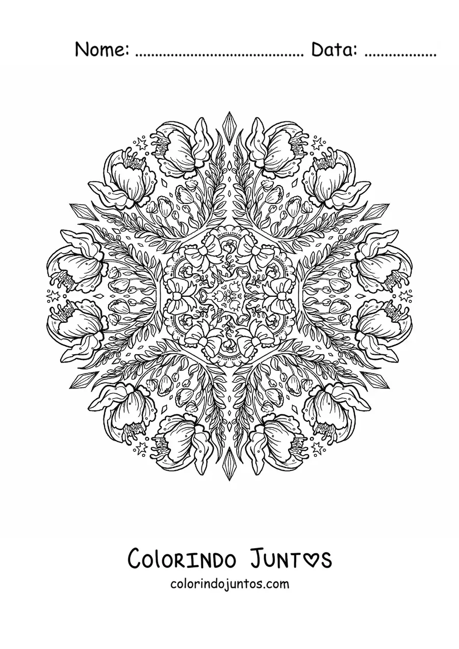 Desenho para colorir de uma mandala de flores kawaii