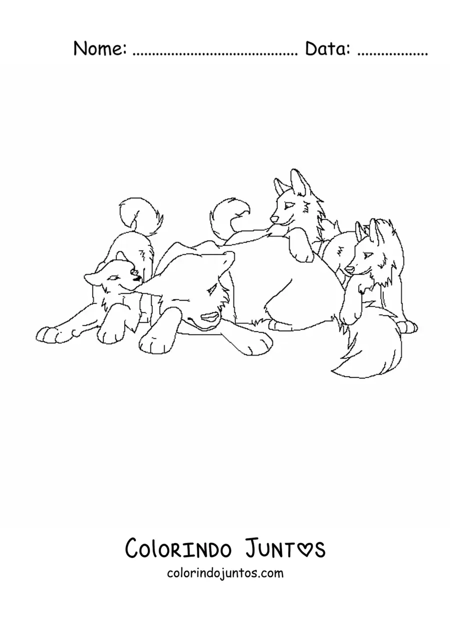 Desenho para colorir de uma alcateia de filhotes de lobos animados