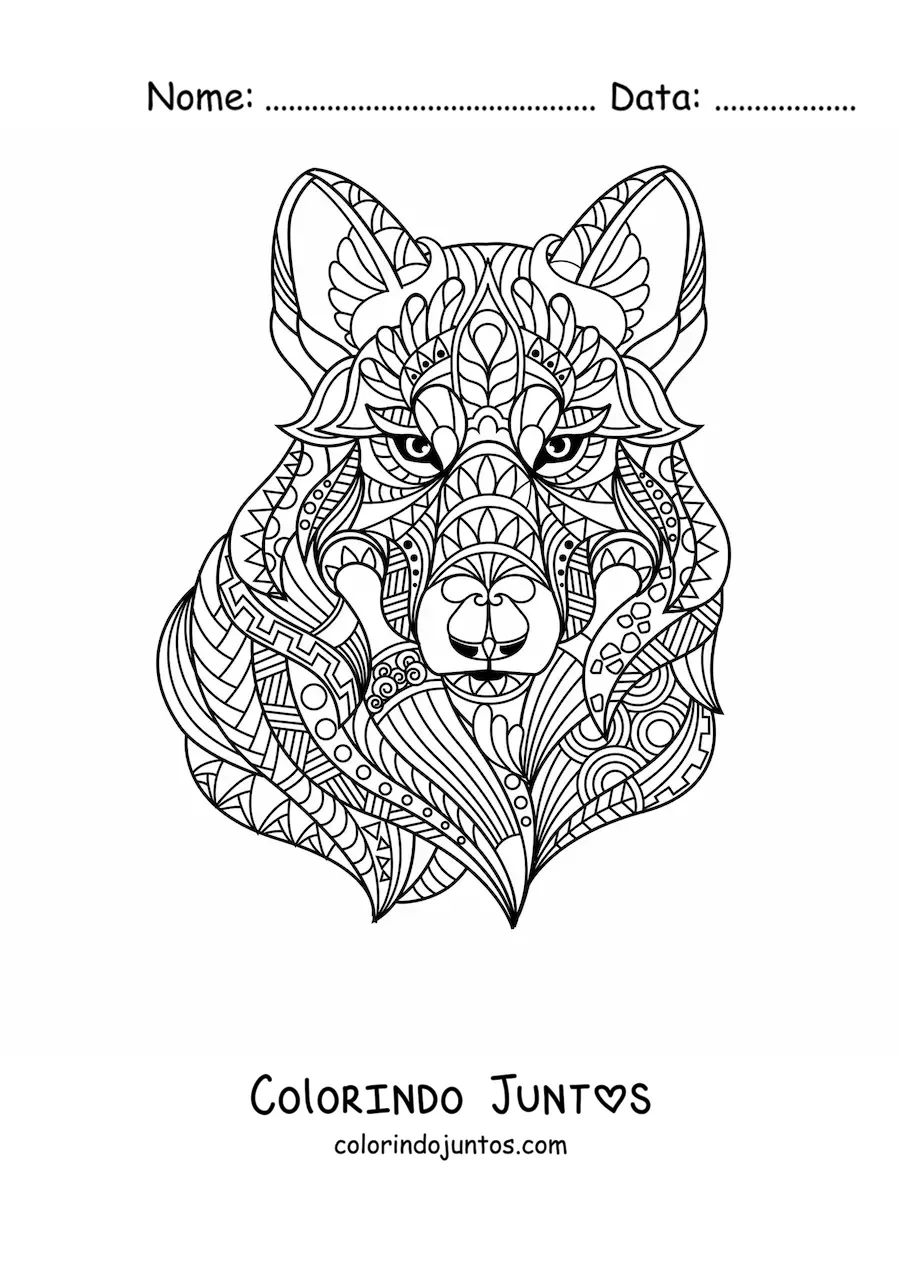 Desenho para colorir de uma mandala em forma de cabeca de lobo