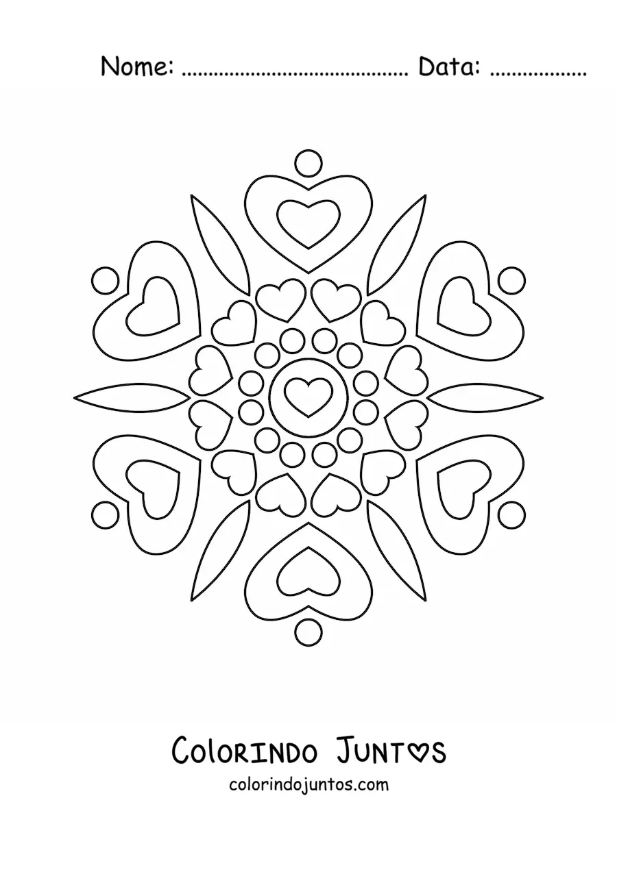 Desenho para colorir de uma mandala fácil com corações