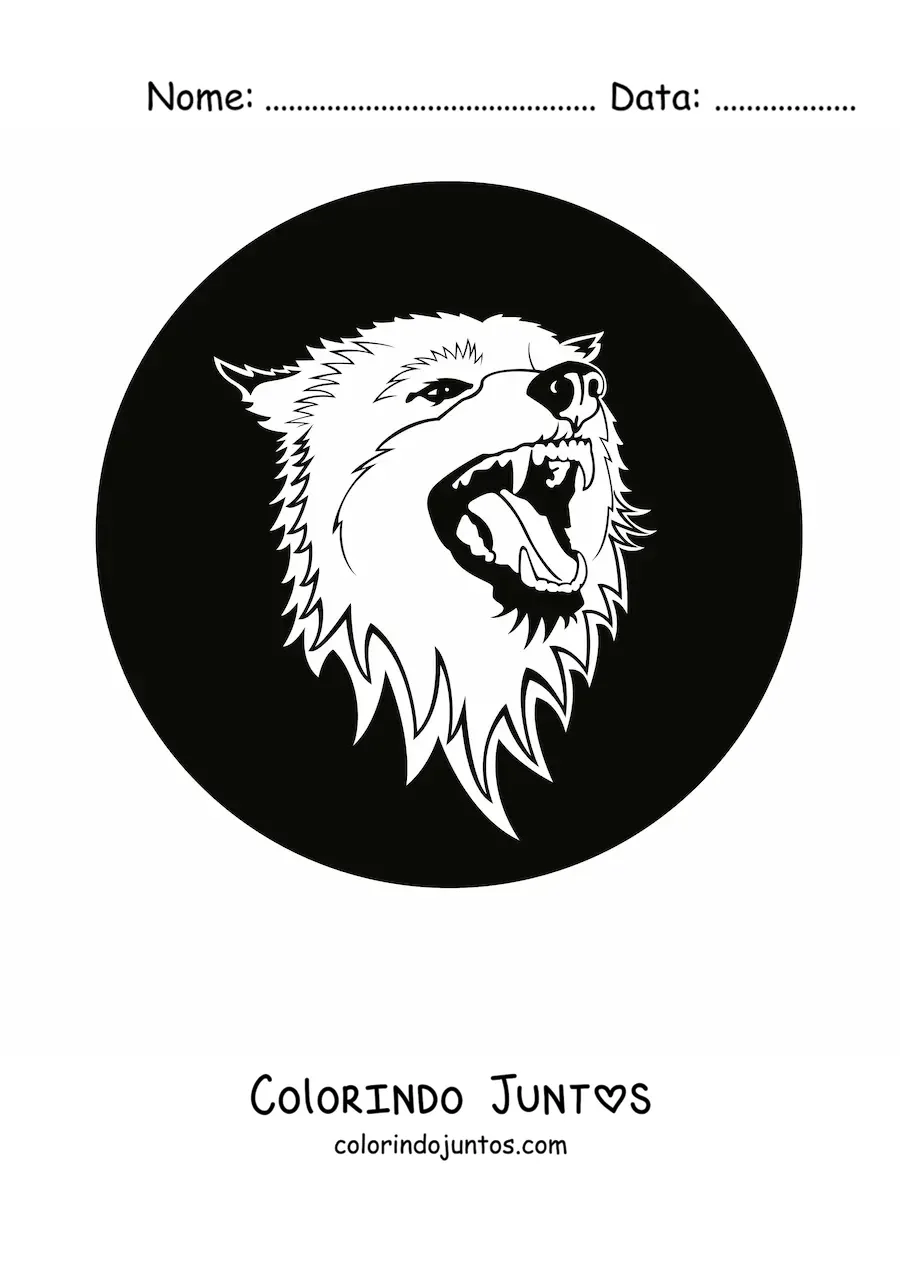 Desenho para colorir de uma cabeca de lobo feroz dentro de um circulo