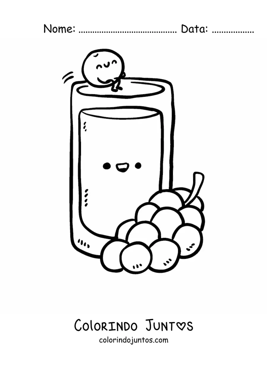 Desenho para colorir de um copo com suco de uva e uvas kawaii
