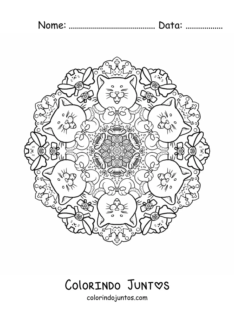 Desenho para colorir de mandala de gatos para crianças do fundamental