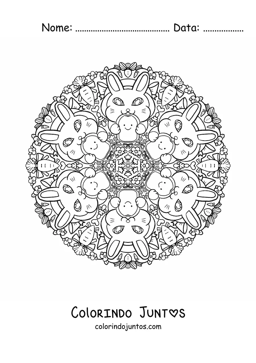 Desenho para colorir de mandala de coelhos comendo para crianças do fundamental
