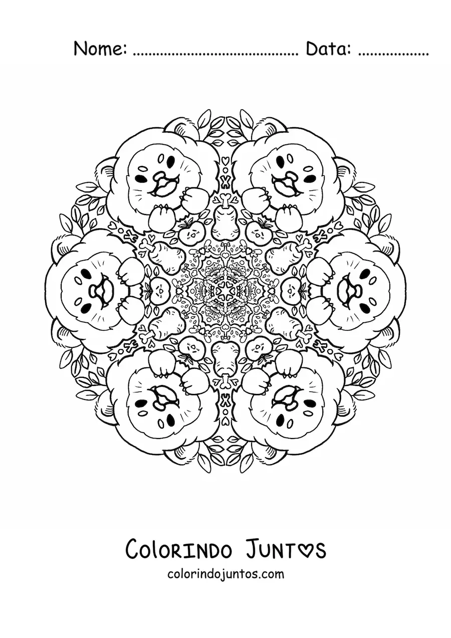 Desenho para colorir de mandala de leões para crianças do fundamental