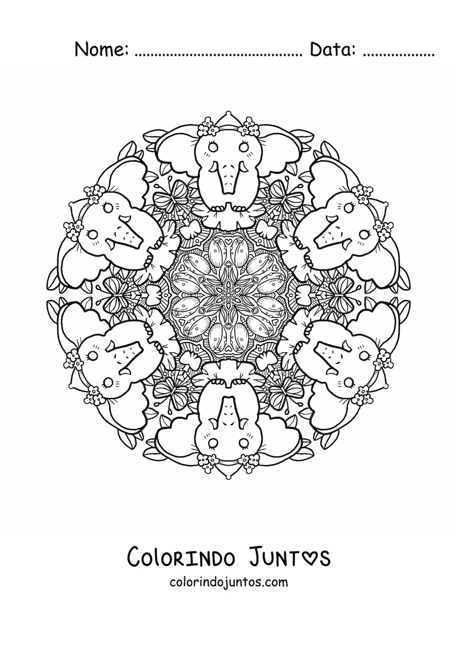 Desenho para colorir de mandala de elefantes para crianças do ensino fundamental