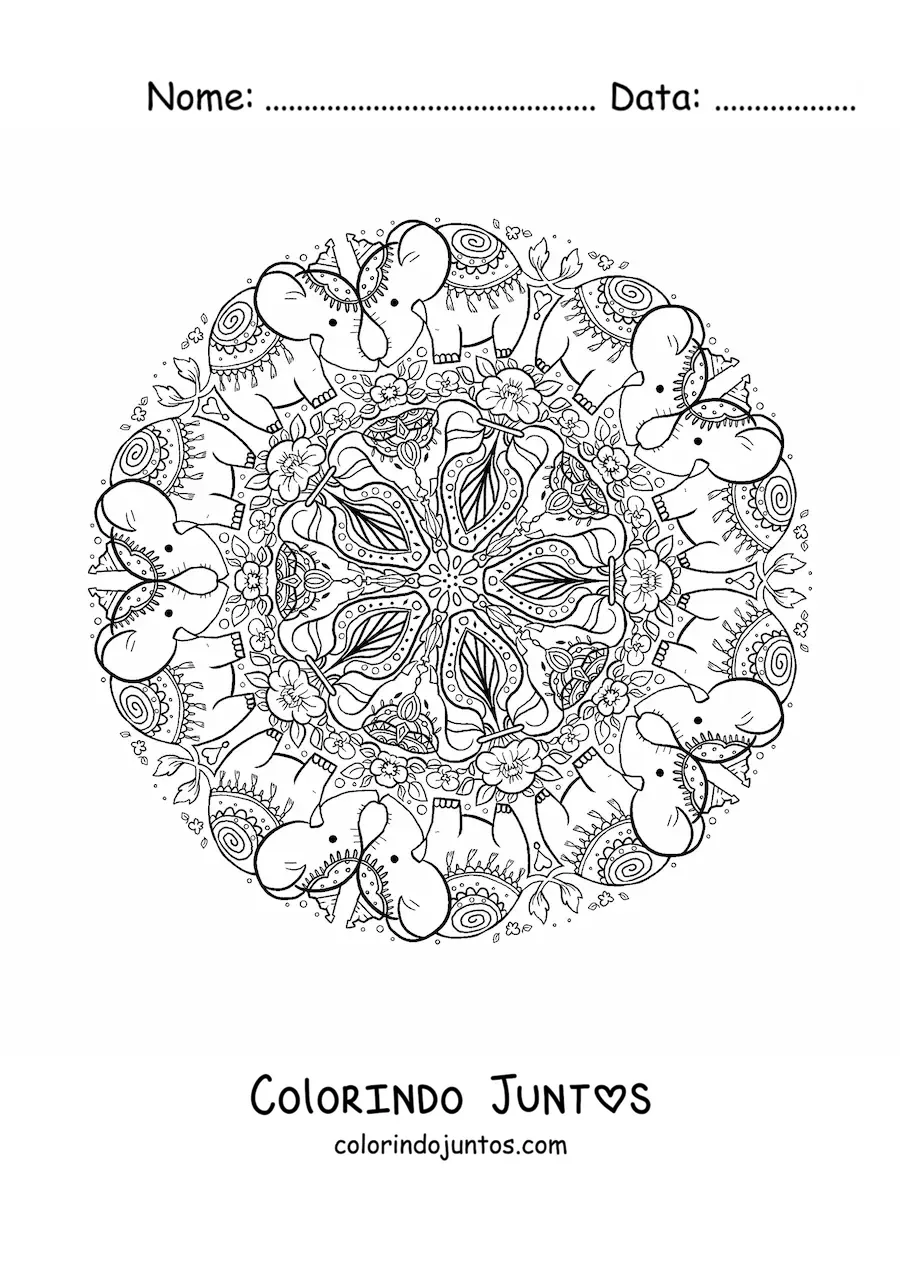 Desenho para colorir de mandala de elefantes para crianças do ensino fundamental