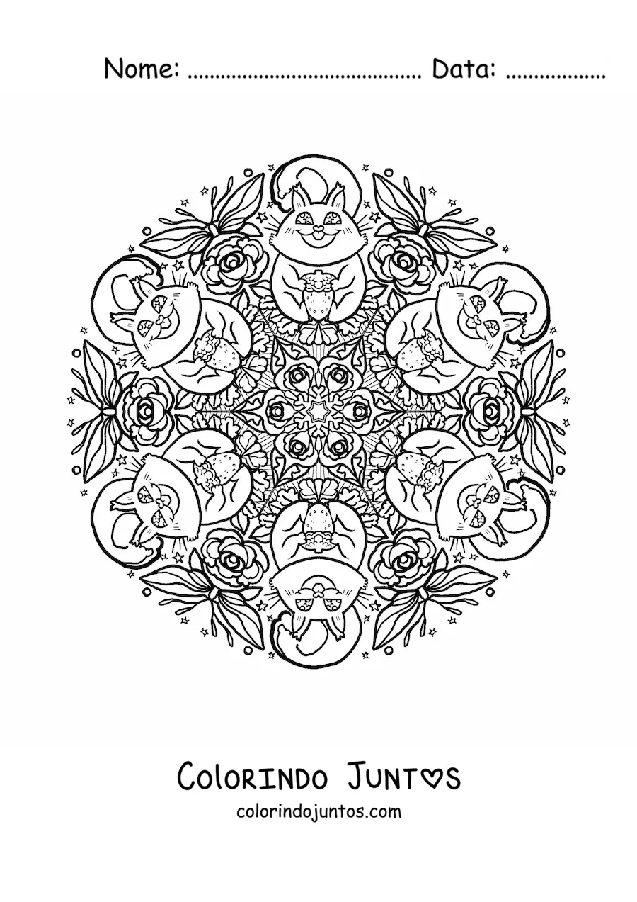 Desenho para colorir de mandala de esquilos para crianças do ensino fundamental