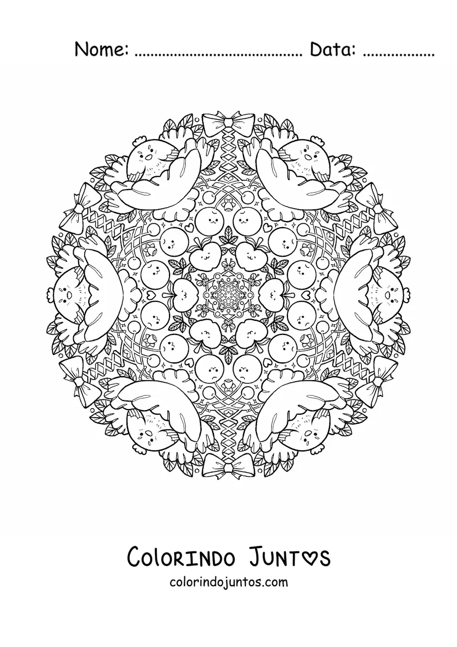 Desenho para colorir de mandala de galinhas e frutas para crianças do ensino fundamental