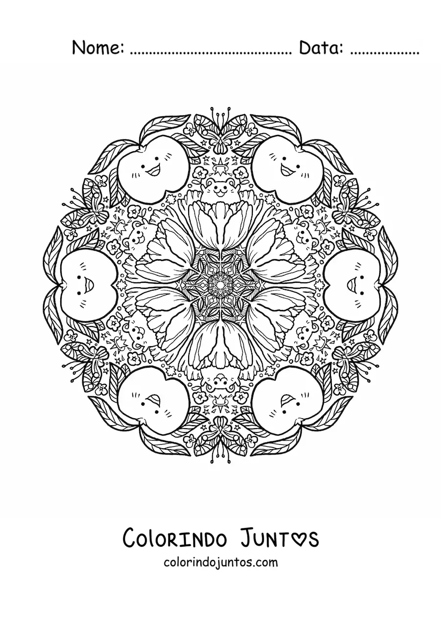 Desenho para colorir de mandala de maçãs para crianças do ensino fundamental