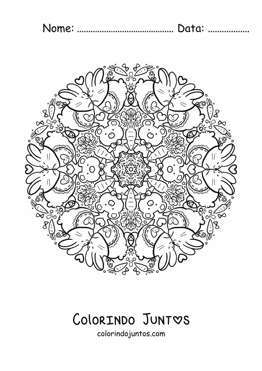 Desenho para colorir de mandala de coelhos apaixonados para crianças