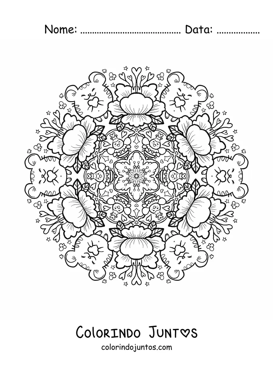 Desenho para colorir de mandala de animais e flores para crianças