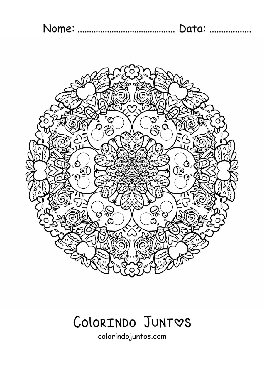 Desenho para colorir de mandala de coelhos e corações para crianças