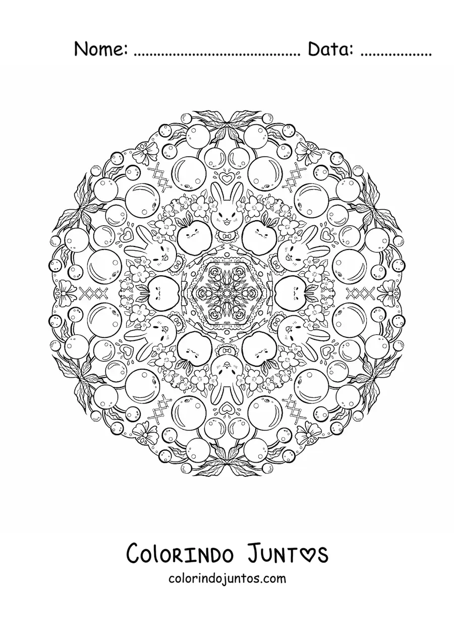 Desenho para colorir de mandala de coelhos e frutas para crianças