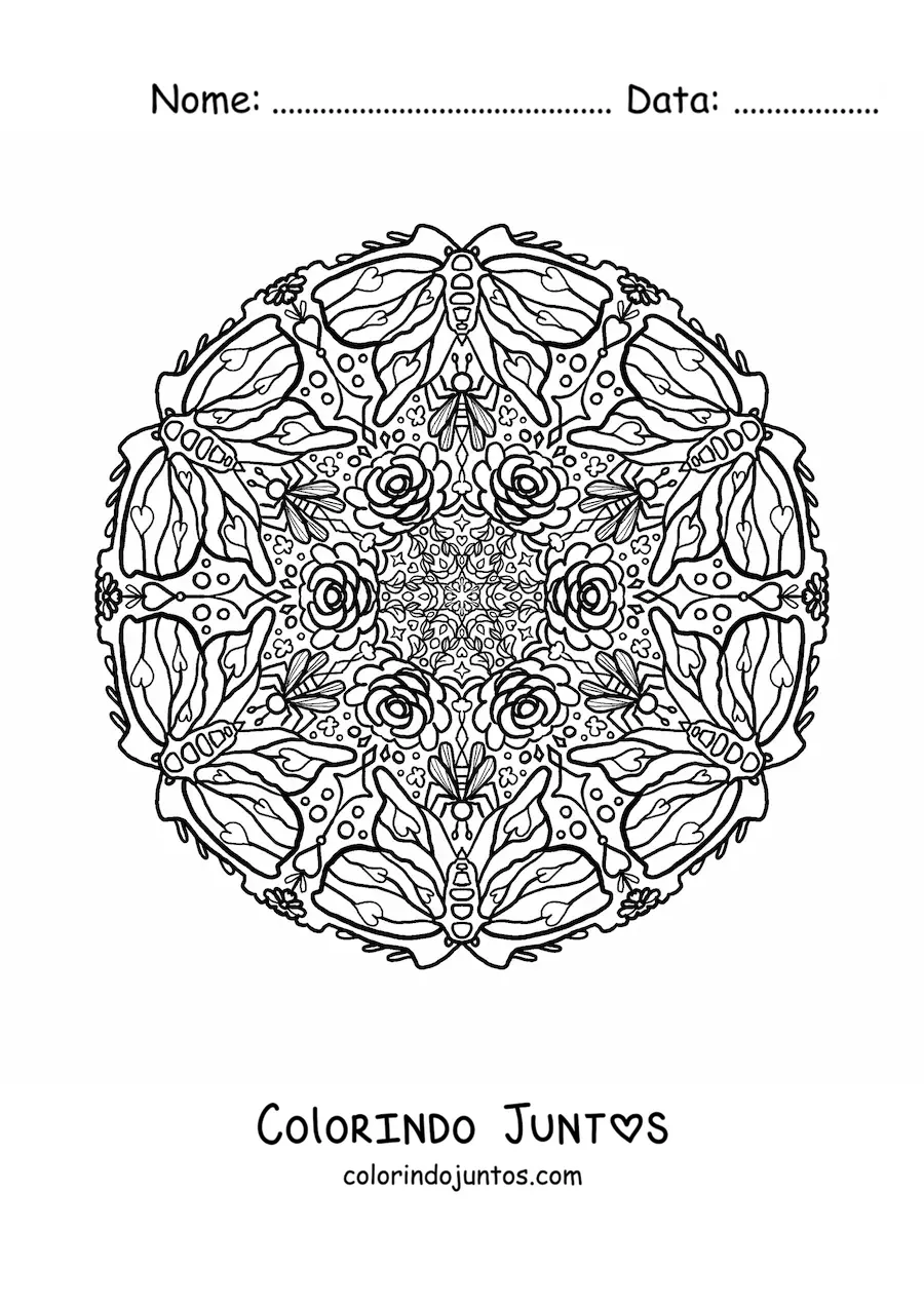 Desenho para colorir de mandala de borboletas e flores para crianças