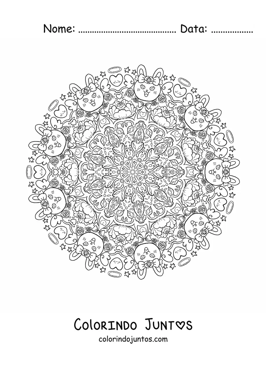 Desenho para colorir de mandala de coelhinhos fofos para crianças