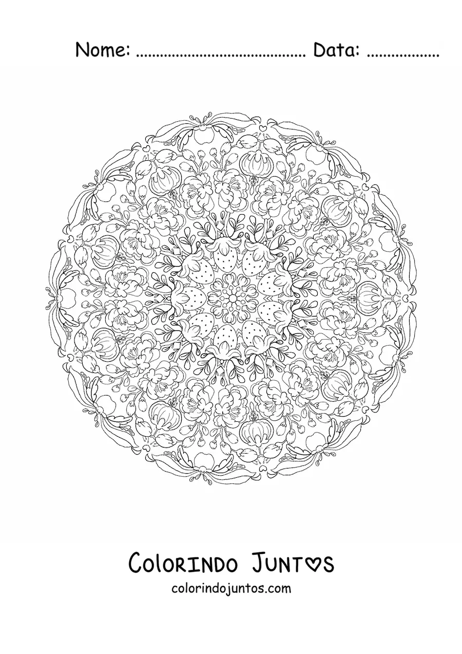 Desenho para colorir de mandala de morangos e flores para crianças