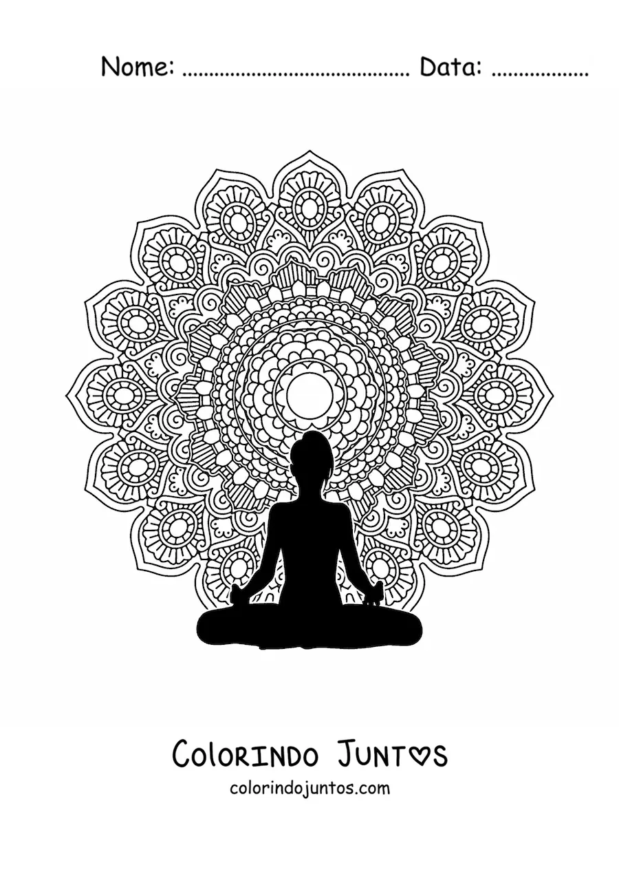 Desenho para colorir de mandala de uma mulher meditando