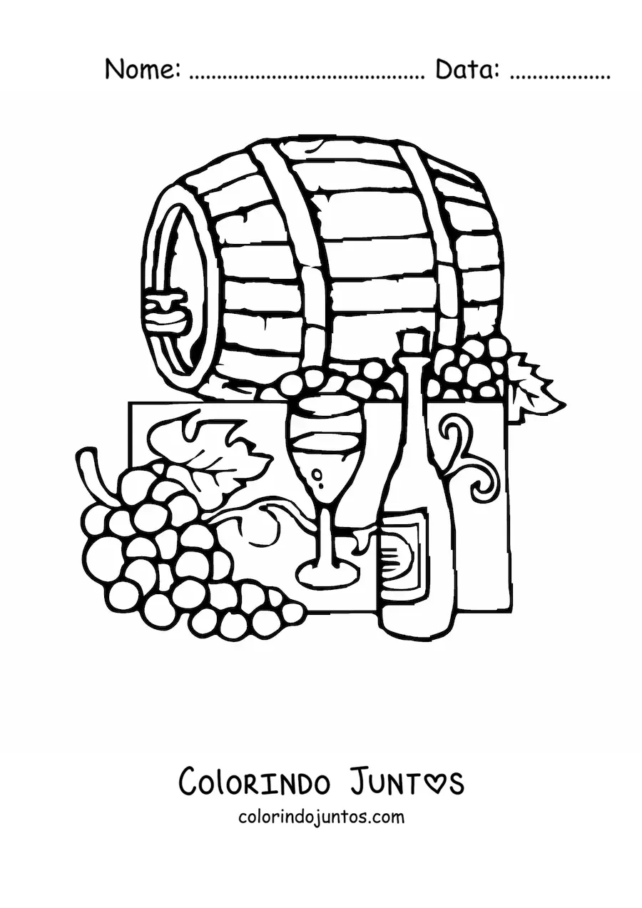 Desenho para colorir de várias uvas ao lado de um barril e uma garrafa de vinho