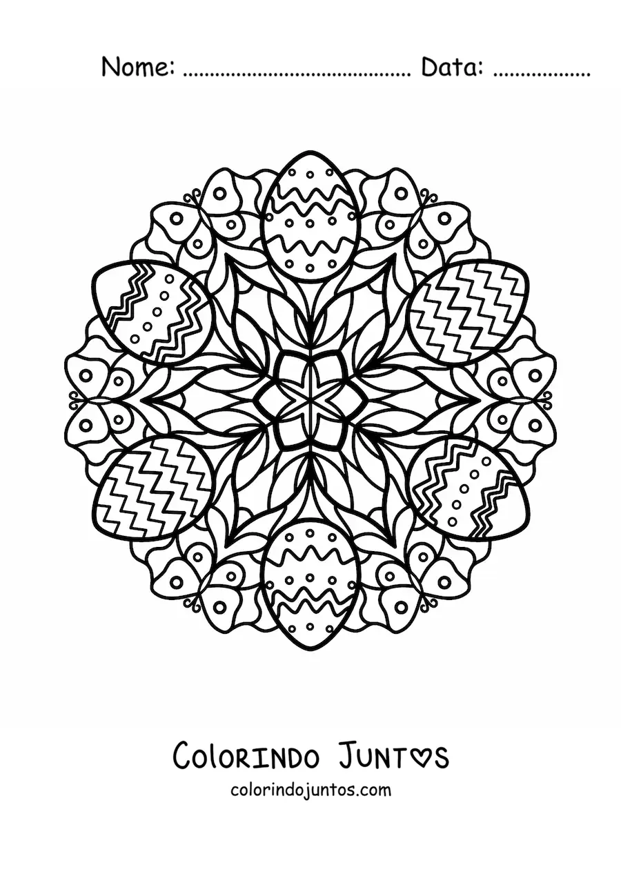 Desenho para colorir de mandala de ovos de Páscoa e borboletas para crianças