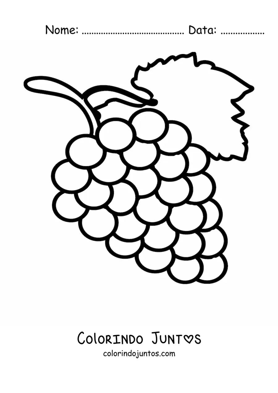 Desenho para colorir de um cacho de uvas com uma folha