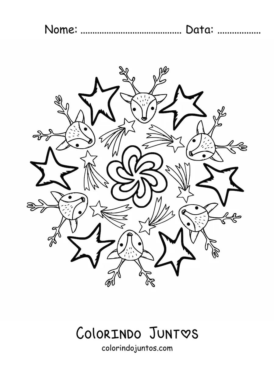 Desenho para colorir de mandala de renas e estrelas de Natal para crianças