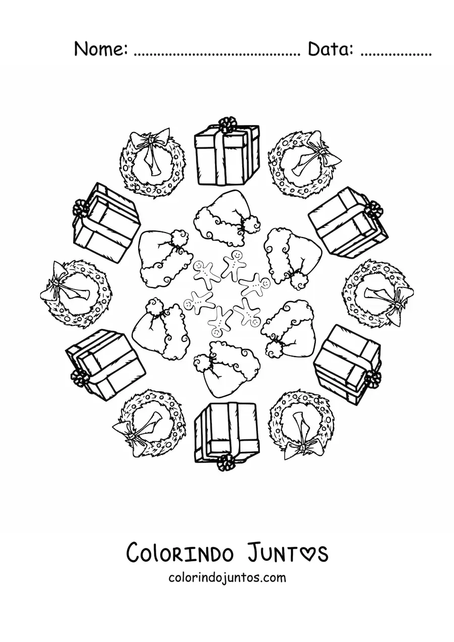 Desenho para colorir de mandala de presentes e gorros de Natal para crianças