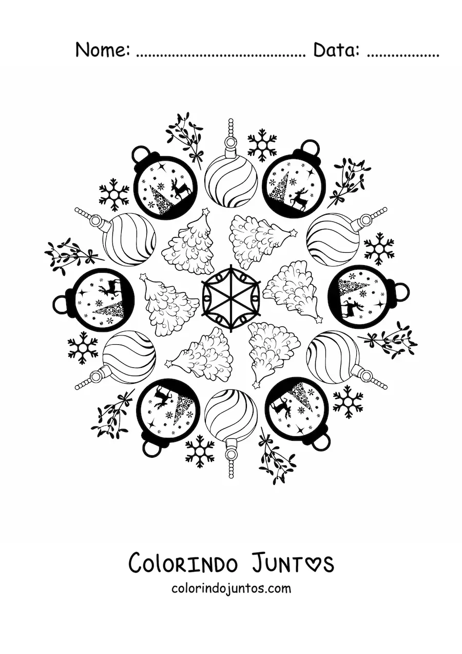Desenho para colorir de mandala de bolas e árvores de Natal para crianças