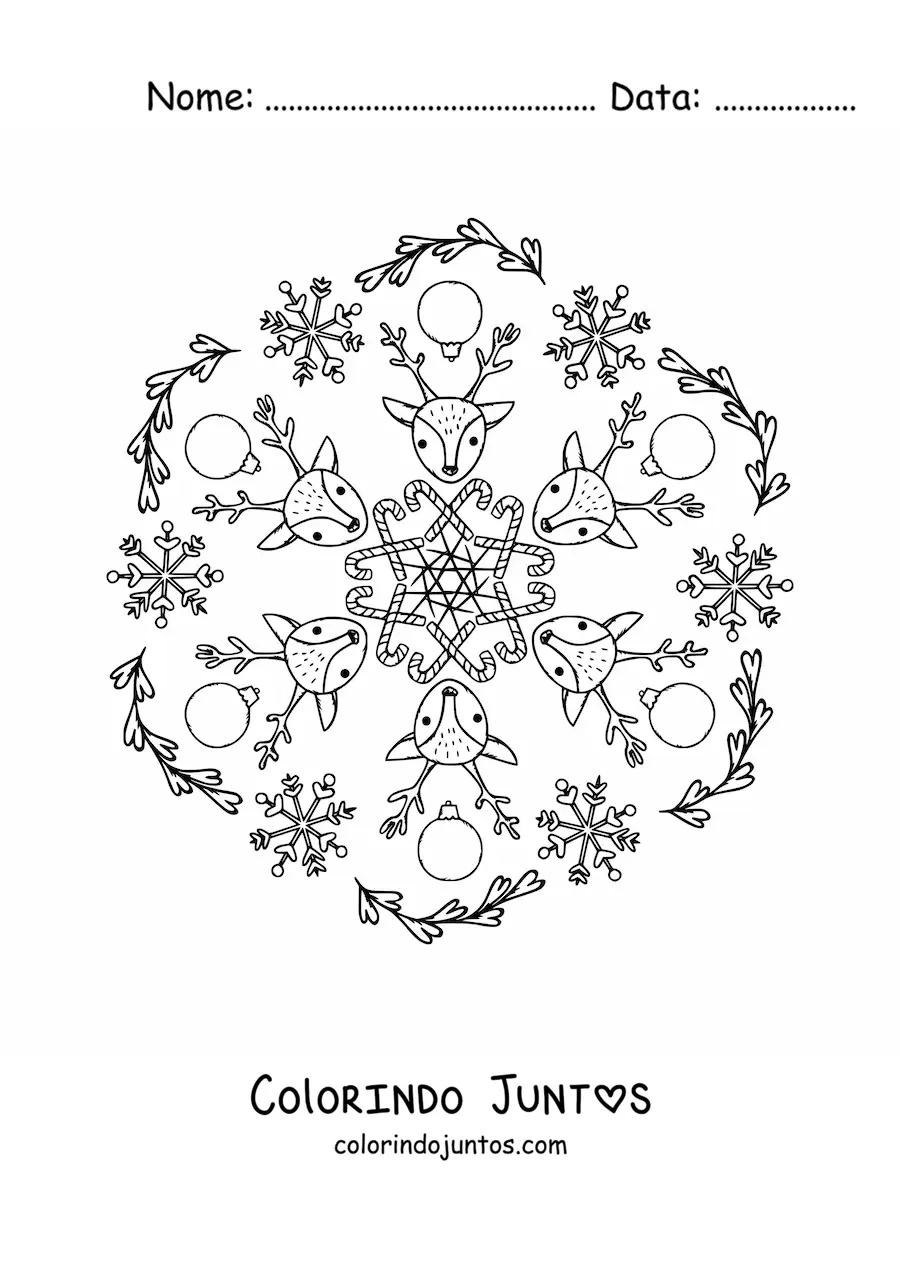 Desenho para colorir de mandala de renas e bolas de Natal para crianças