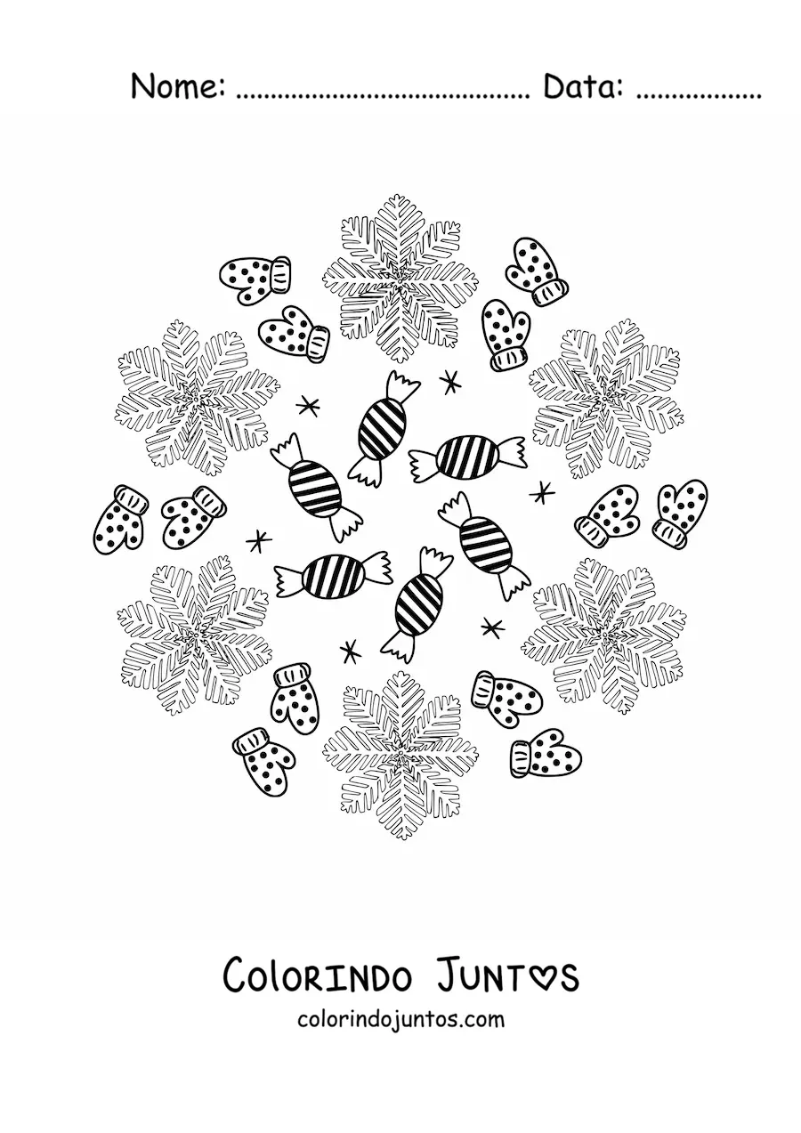 Desenho para colorir de mandala de doces e luvas de Natal para crianças