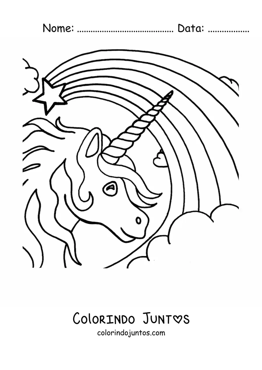 Desenho para colorir da cabeça de um unicórnio com um arco-íris ao fundo