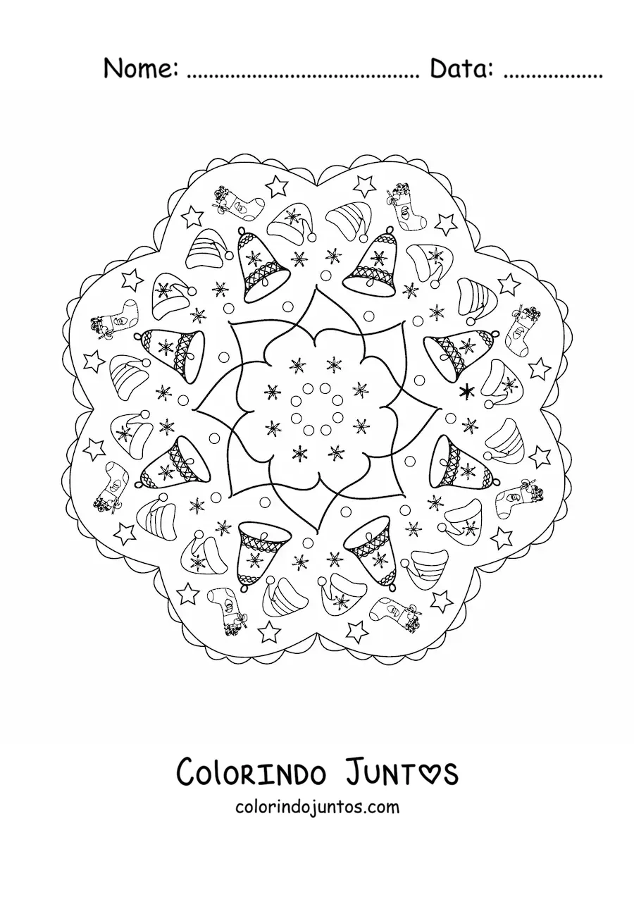 Desenho para colorir de mandala de sinos de Natal para crianças