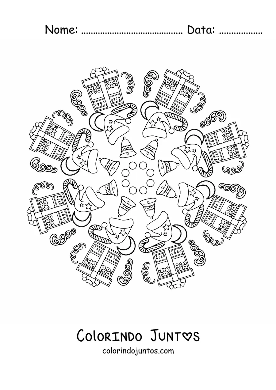 Desenho para colorir de mandala de presentes de Natal