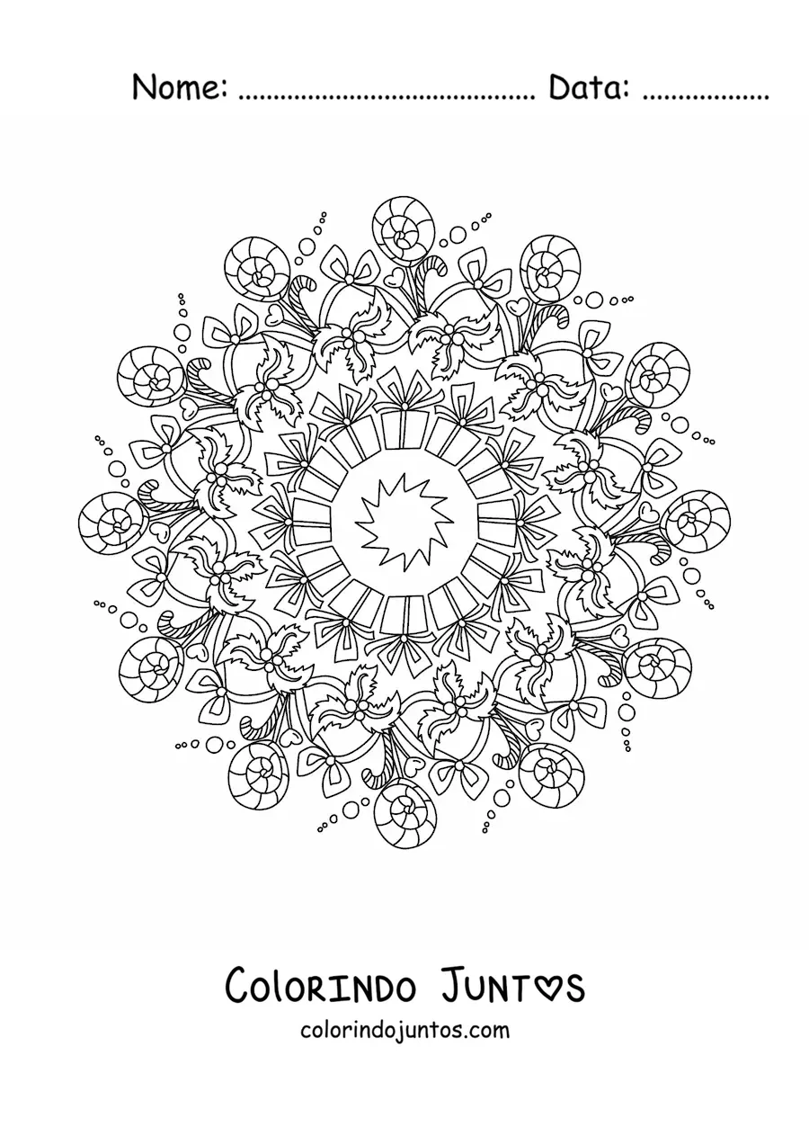 Desenho para colorir de mandala de presentes e doces de Natal