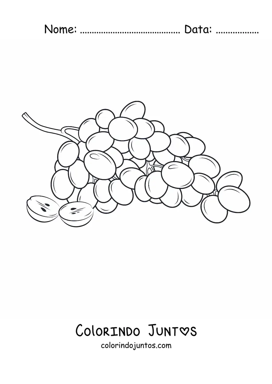 Desenho para colorir de um cacho de uvas com uma uva cortada