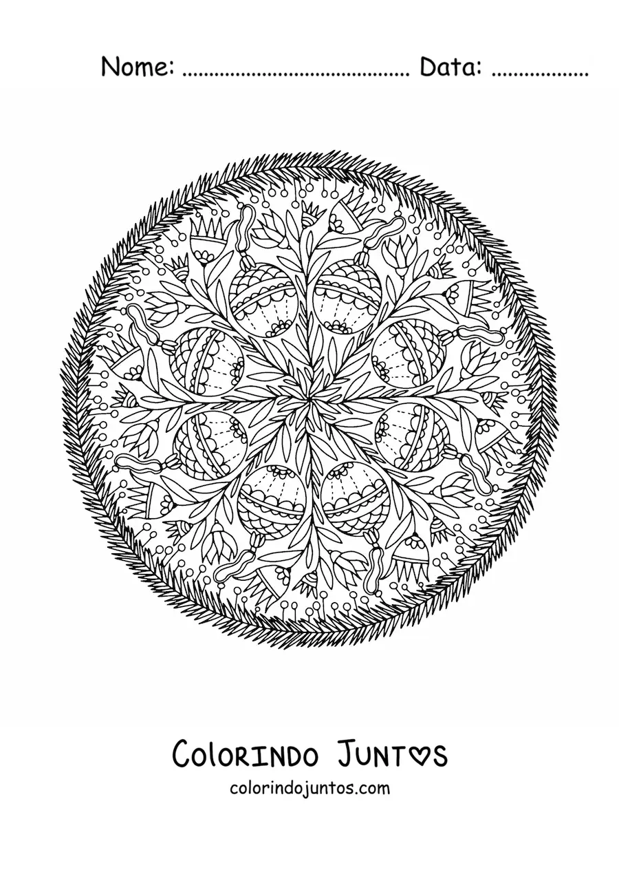 Desenho para colorir de mandala com bolas de Natal