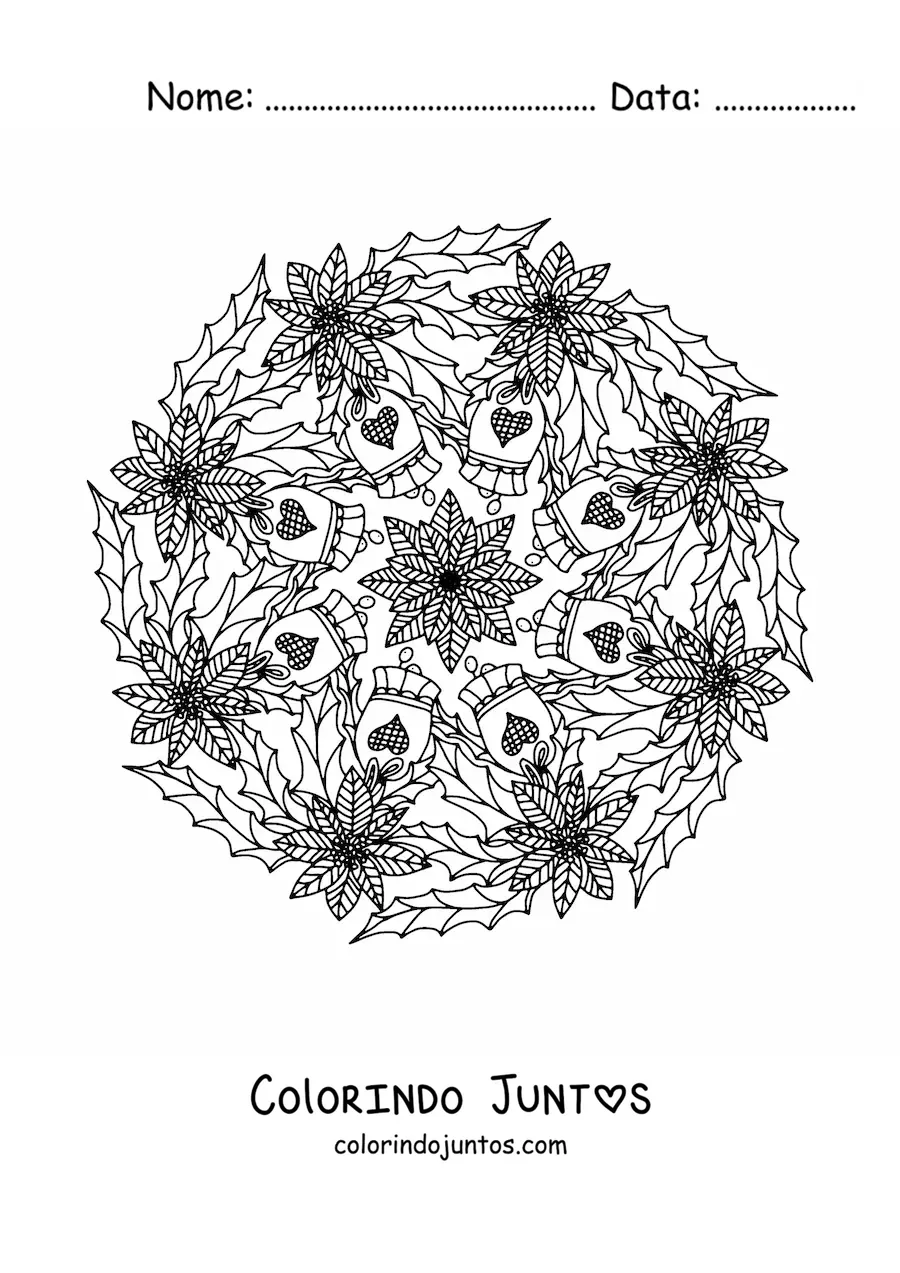 Desenho para colorir de mandala de Natal com sinos e flores