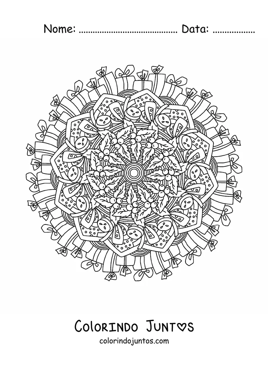 Desenho para colorir de mandala de Natal com presentes