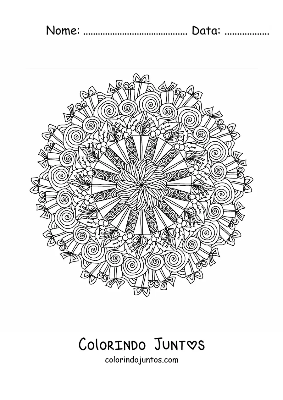 Desenho para colorir de mandala de Natal com presentes